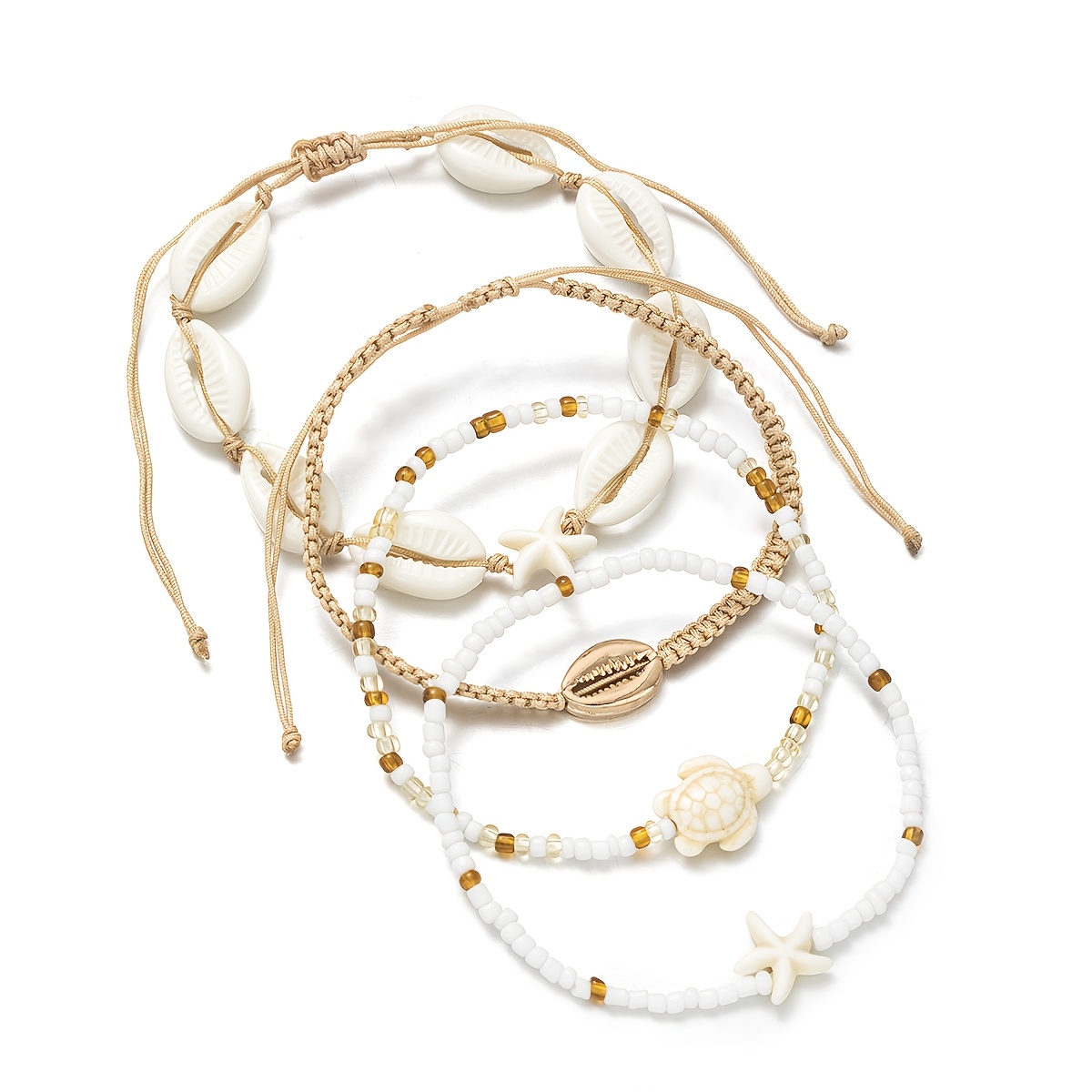 4pcs Bohemian Ocean-Style Turtle Starfish Bead Anklet Set